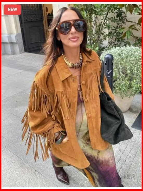 Faux Suede Fringe Jacket Oversized Long Sleeve Western Style Button Front - Picture 4 of 5